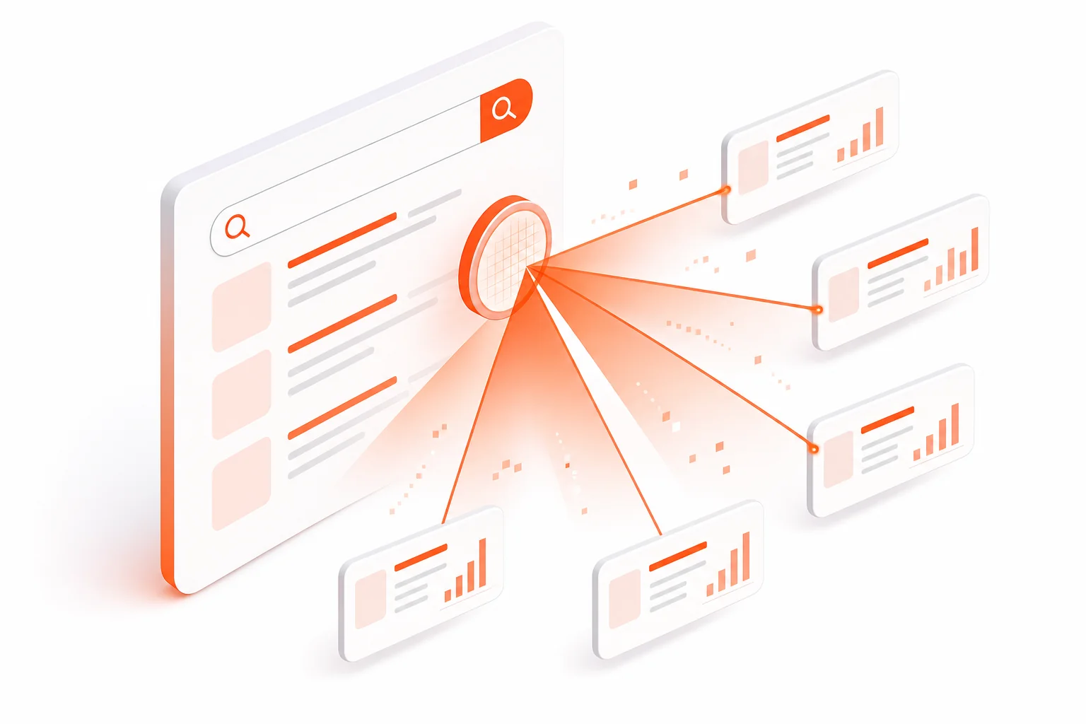 Illustration of the CheckThemLinks scan process: a Google search interface with orange beams radiating out to competing result cards